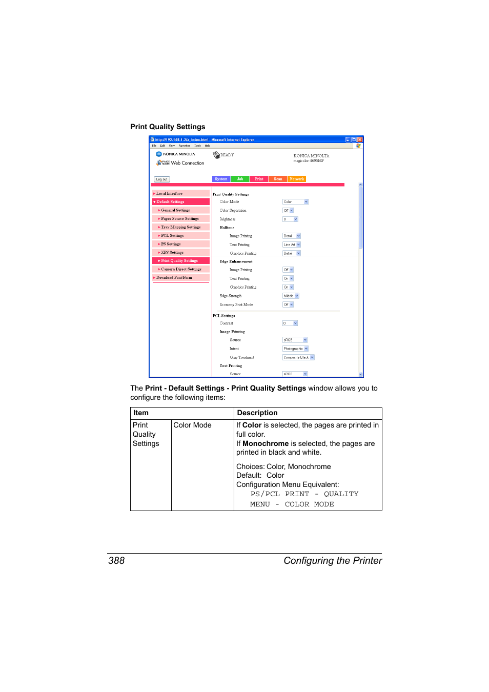 Configuring the printer 388 | Konica Minolta MAGICOLOR 4695MF User Manual | Page 412 / 546