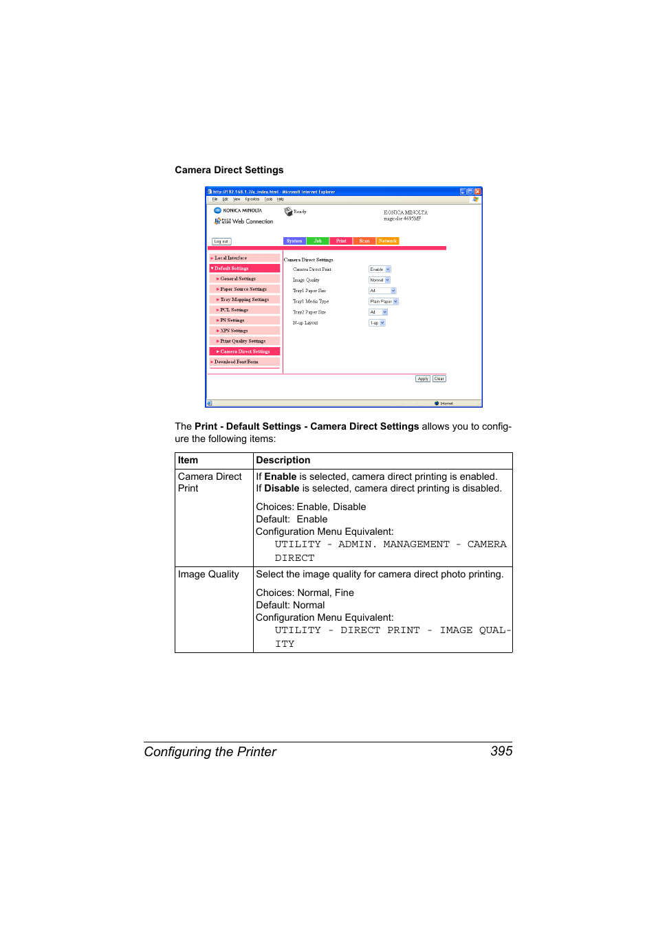 Configuring the printer 395 | Konica Minolta MAGICOLOR 4695MF User Manual | Page 419 / 546