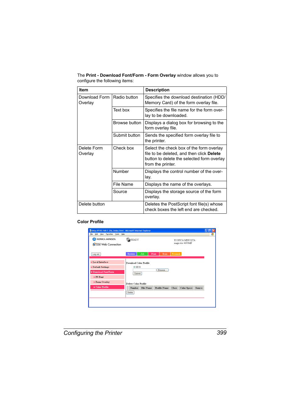 Configuring the printer 399 | Konica Minolta MAGICOLOR 4695MF User Manual | Page 423 / 546