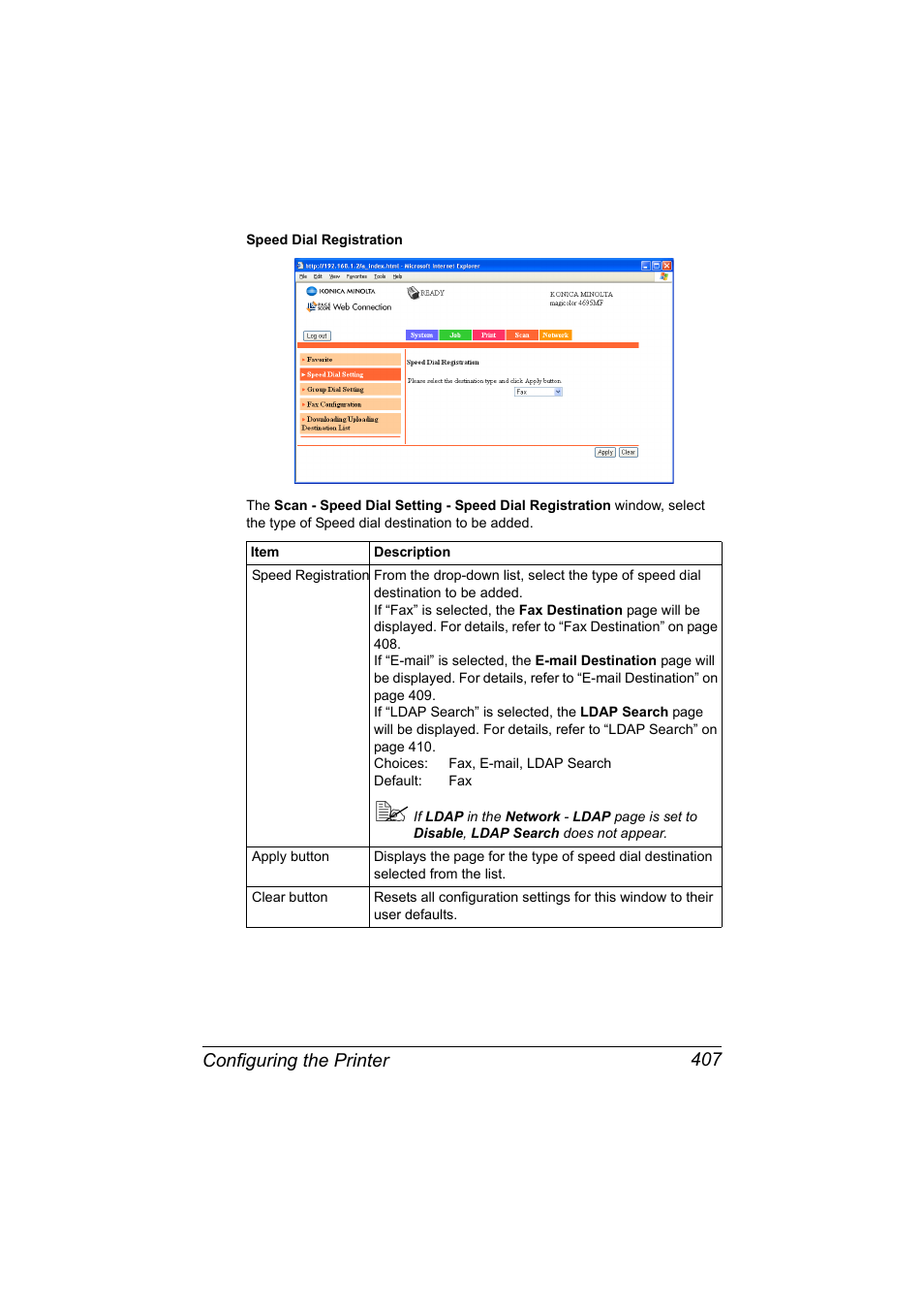 Configuring the printer 407 | Konica Minolta MAGICOLOR 4695MF User Manual | Page 431 / 546