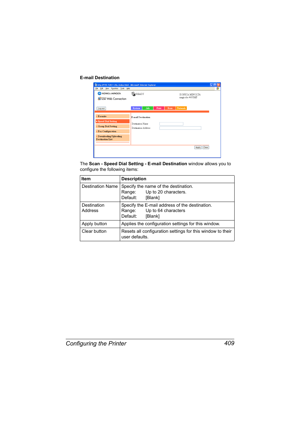 Configuring the printer 409 | Konica Minolta MAGICOLOR 4695MF User Manual | Page 433 / 546