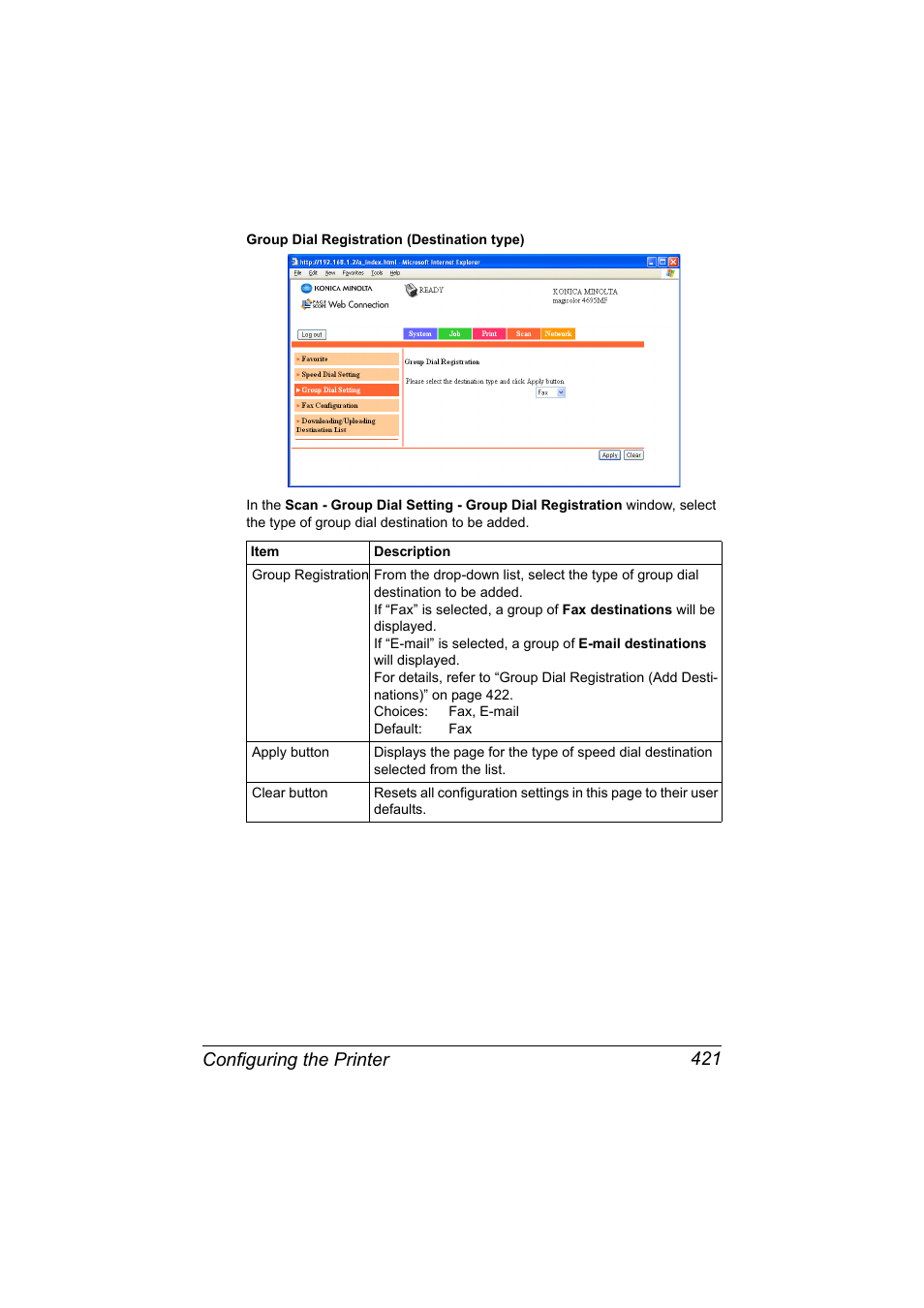 Configuring the printer 421 | Konica Minolta MAGICOLOR 4695MF User Manual | Page 445 / 546