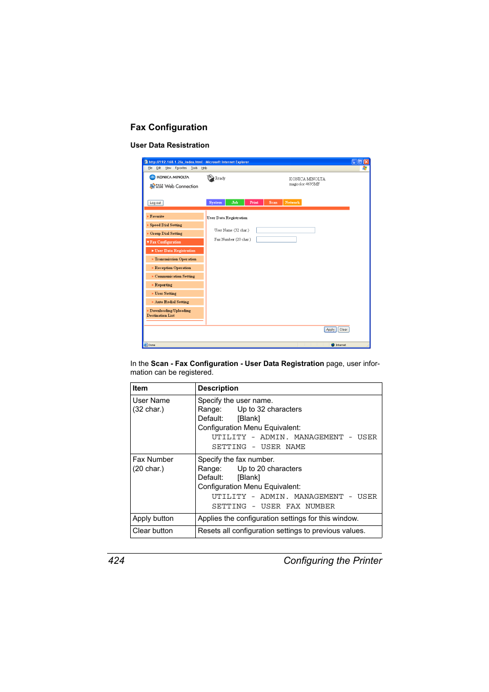 Fax configuration, Fax configuration 424, Configuring the printer 424 | Konica Minolta MAGICOLOR 4695MF User Manual | Page 448 / 546