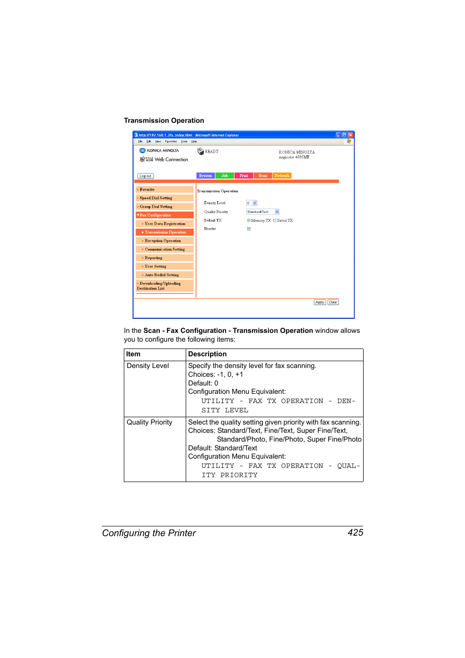 Configuring the printer 425 | Konica Minolta MAGICOLOR 4695MF User Manual | Page 449 / 546