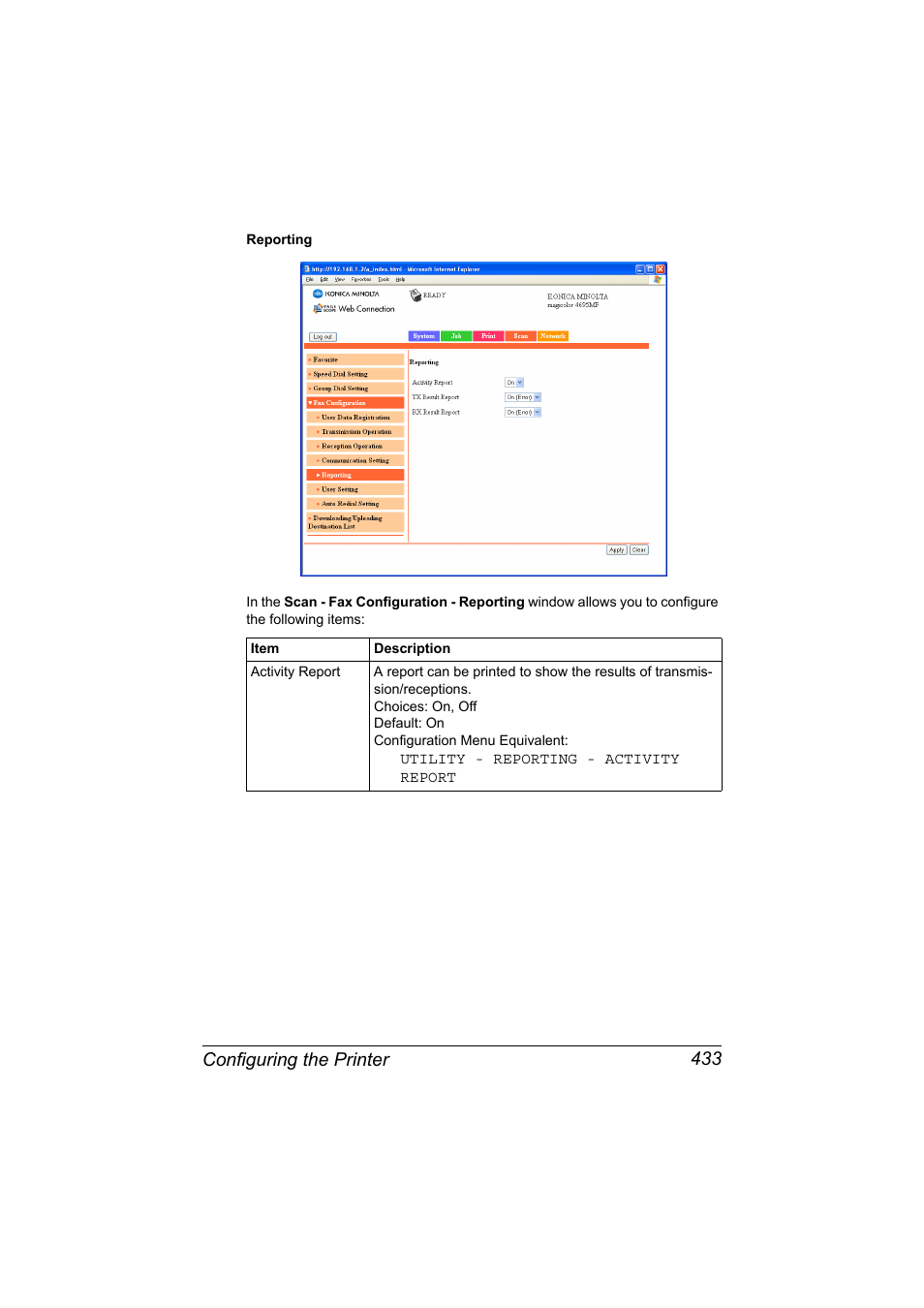 Configuring the printer 433 | Konica Minolta MAGICOLOR 4695MF User Manual | Page 457 / 546