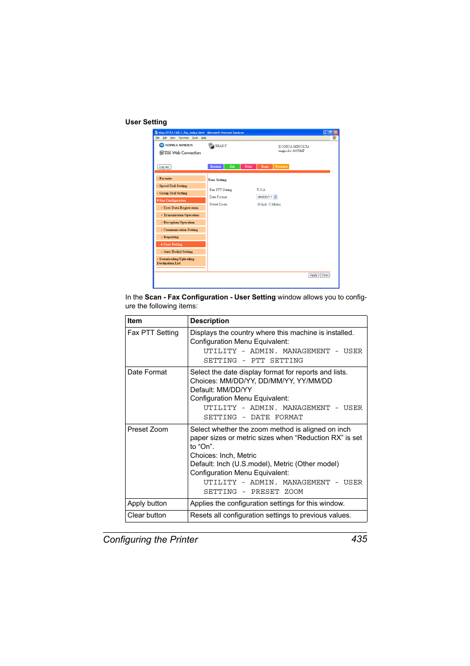 Configuring the printer 435 | Konica Minolta MAGICOLOR 4695MF User Manual | Page 459 / 546