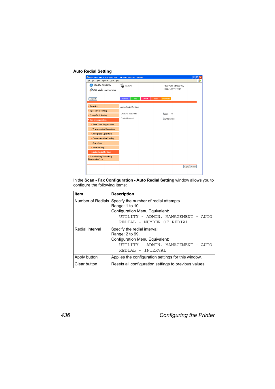 Configuring the printer 436 | Konica Minolta MAGICOLOR 4695MF User Manual | Page 460 / 546