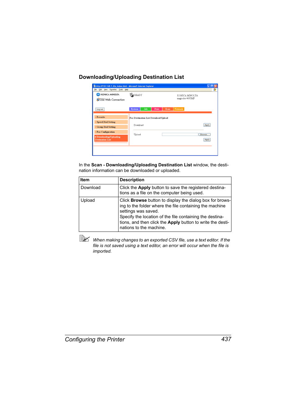 Downloading/uploading destination list, Downloading/uploading destination list 437 | Konica Minolta MAGICOLOR 4695MF User Manual | Page 461 / 546