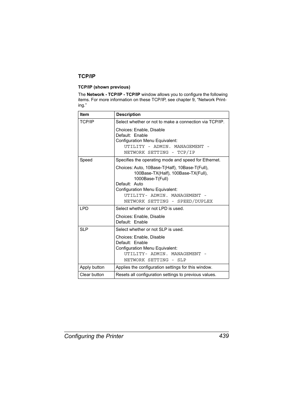 Tcp/ip, Tcp/ip 439, Configuring the printer 439 | Konica Minolta MAGICOLOR 4695MF User Manual | Page 463 / 546