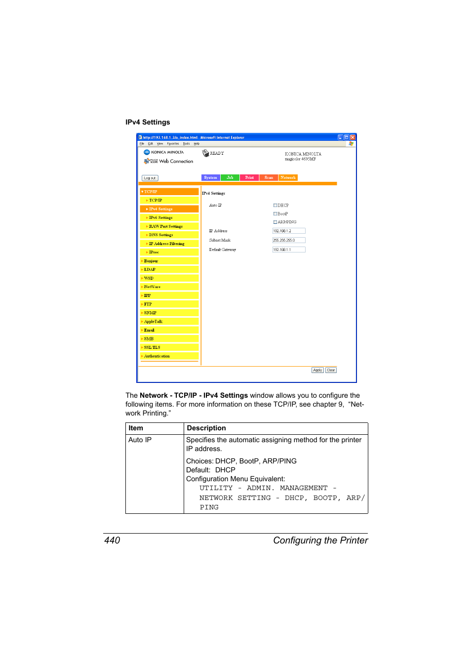 Configuring the printer 440 | Konica Minolta MAGICOLOR 4695MF User Manual | Page 464 / 546