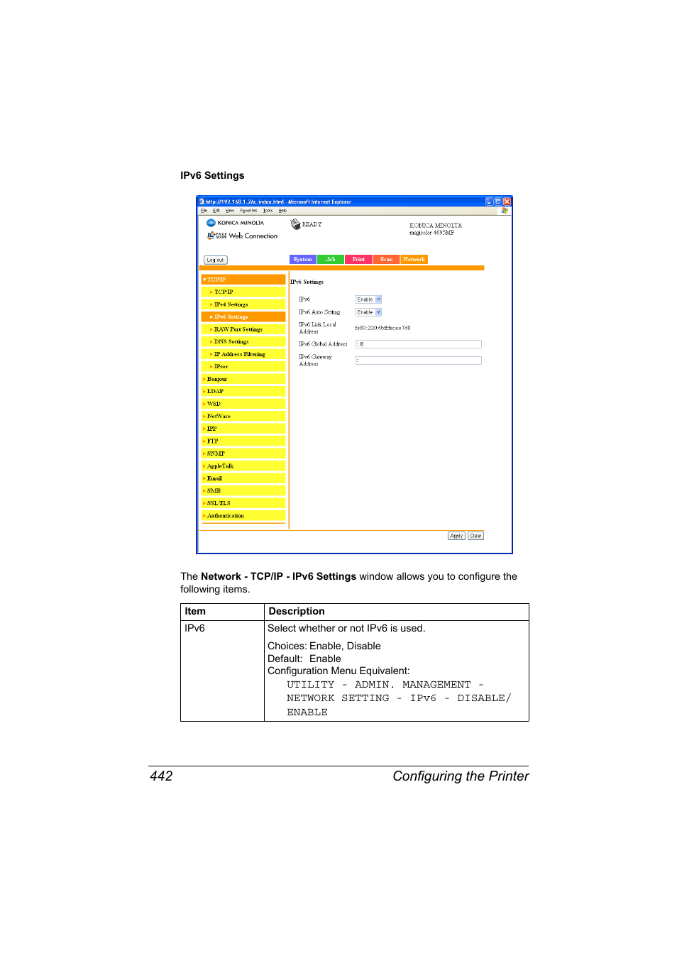 Configuring the printer 442 | Konica Minolta MAGICOLOR 4695MF User Manual | Page 466 / 546