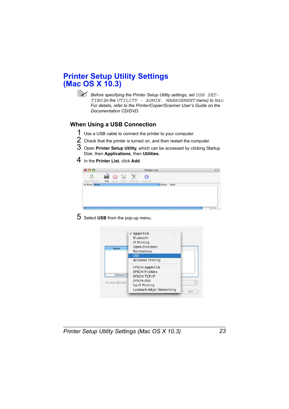Printer setup utility settings (mac os x 10.3), When using a usb connection, Printer setup utility settings (mac os x 10.3) 23 | When using a usb connection 23 | Konica Minolta MAGICOLOR 4695MF User Manual | Page 47 / 546