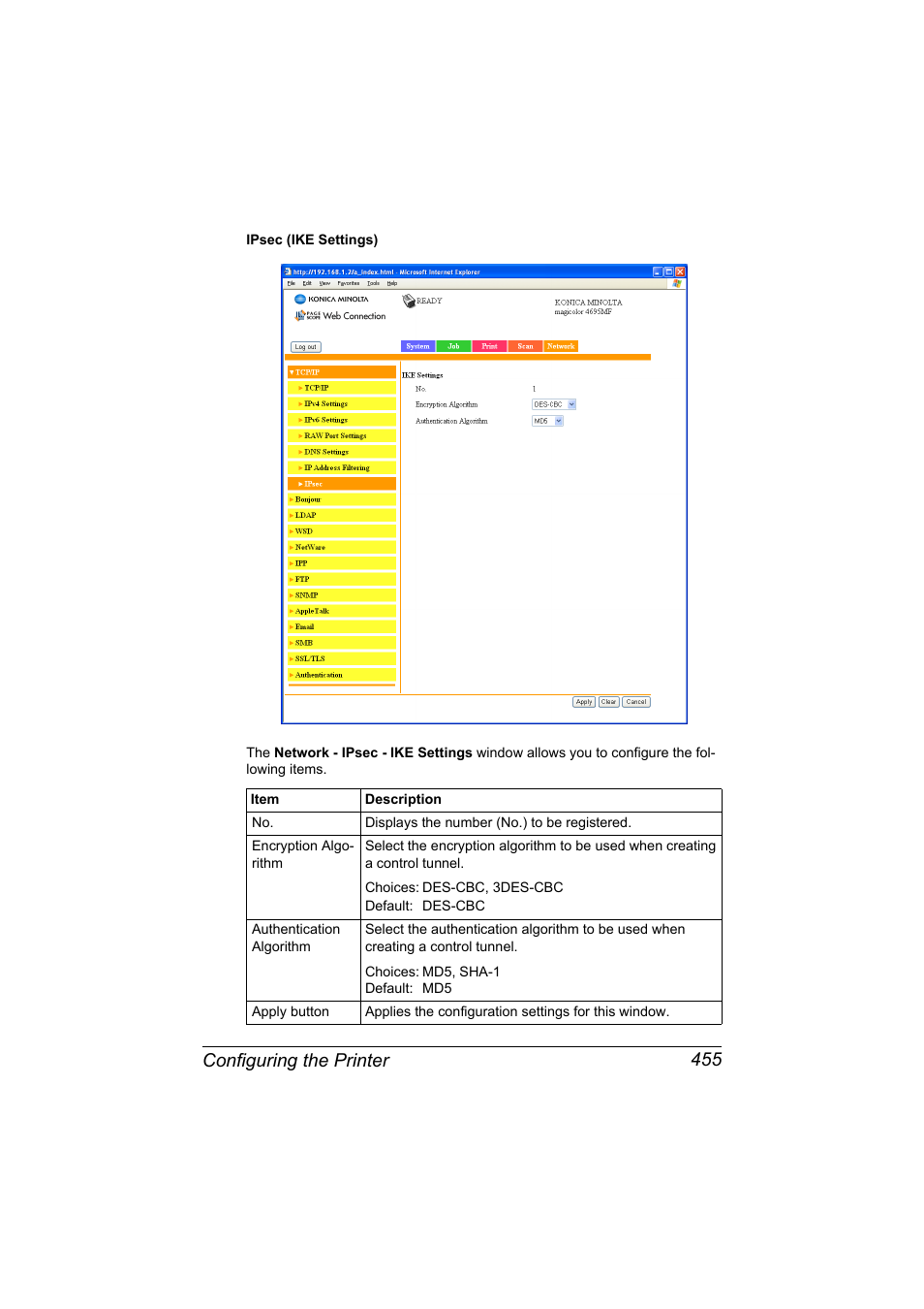 Configuring the printer 455 | Konica Minolta MAGICOLOR 4695MF User Manual | Page 479 / 546