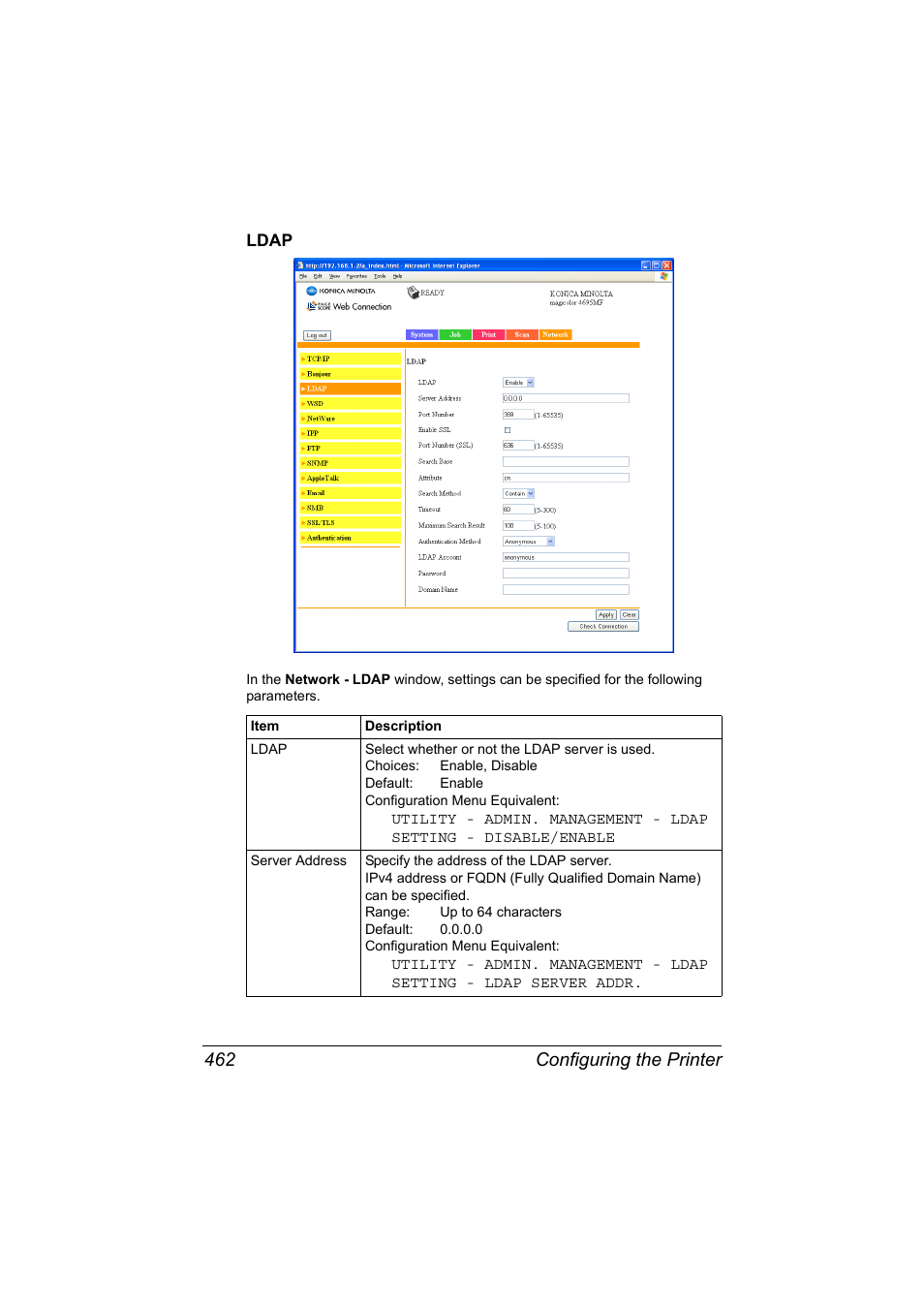 Ldap, Ldap 462, Configuring the printer 462 | Konica Minolta MAGICOLOR 4695MF User Manual | Page 486 / 546