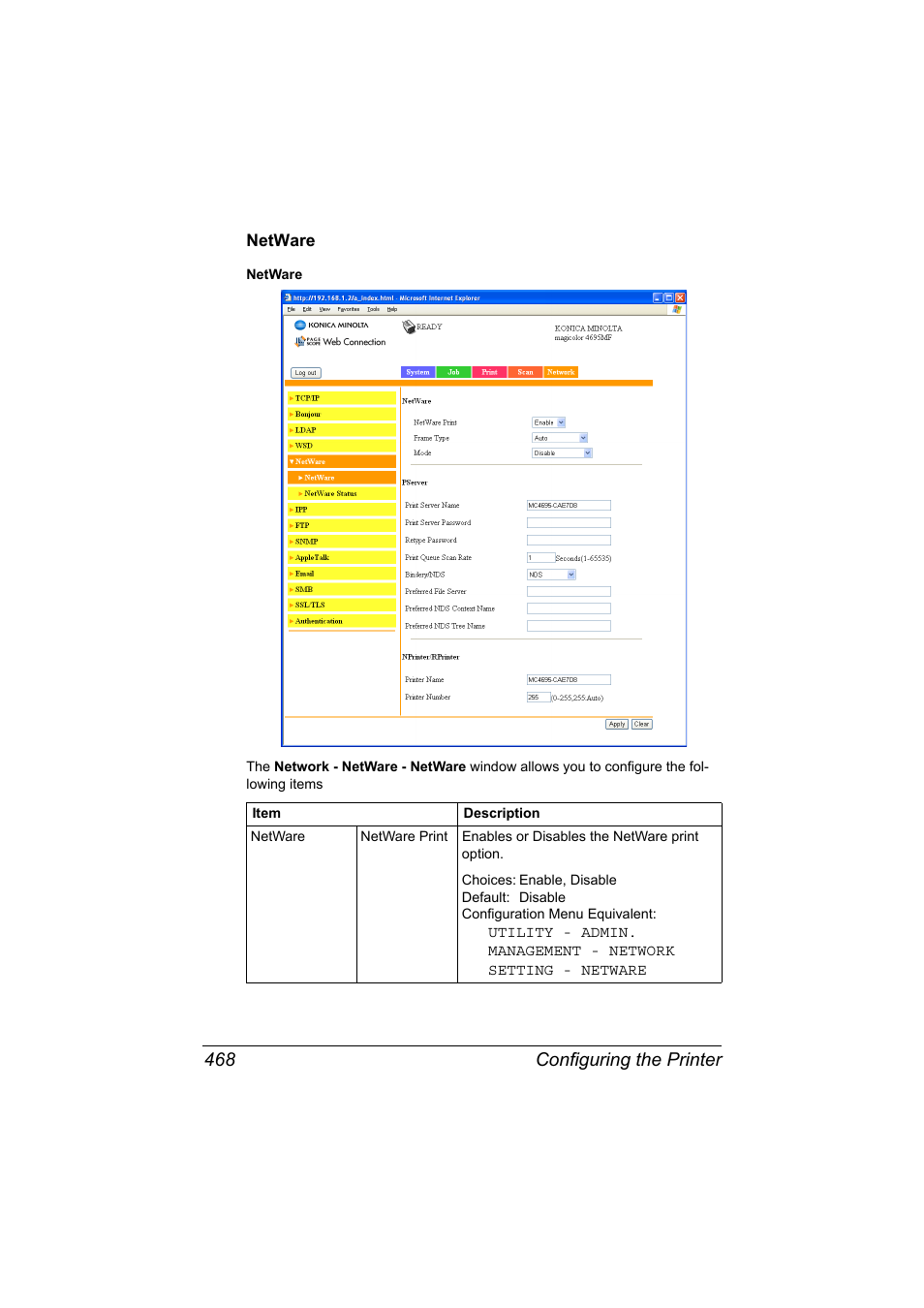 Netware, Netware 468, Configuring the printer 468 | Konica Minolta MAGICOLOR 4695MF User Manual | Page 492 / 546