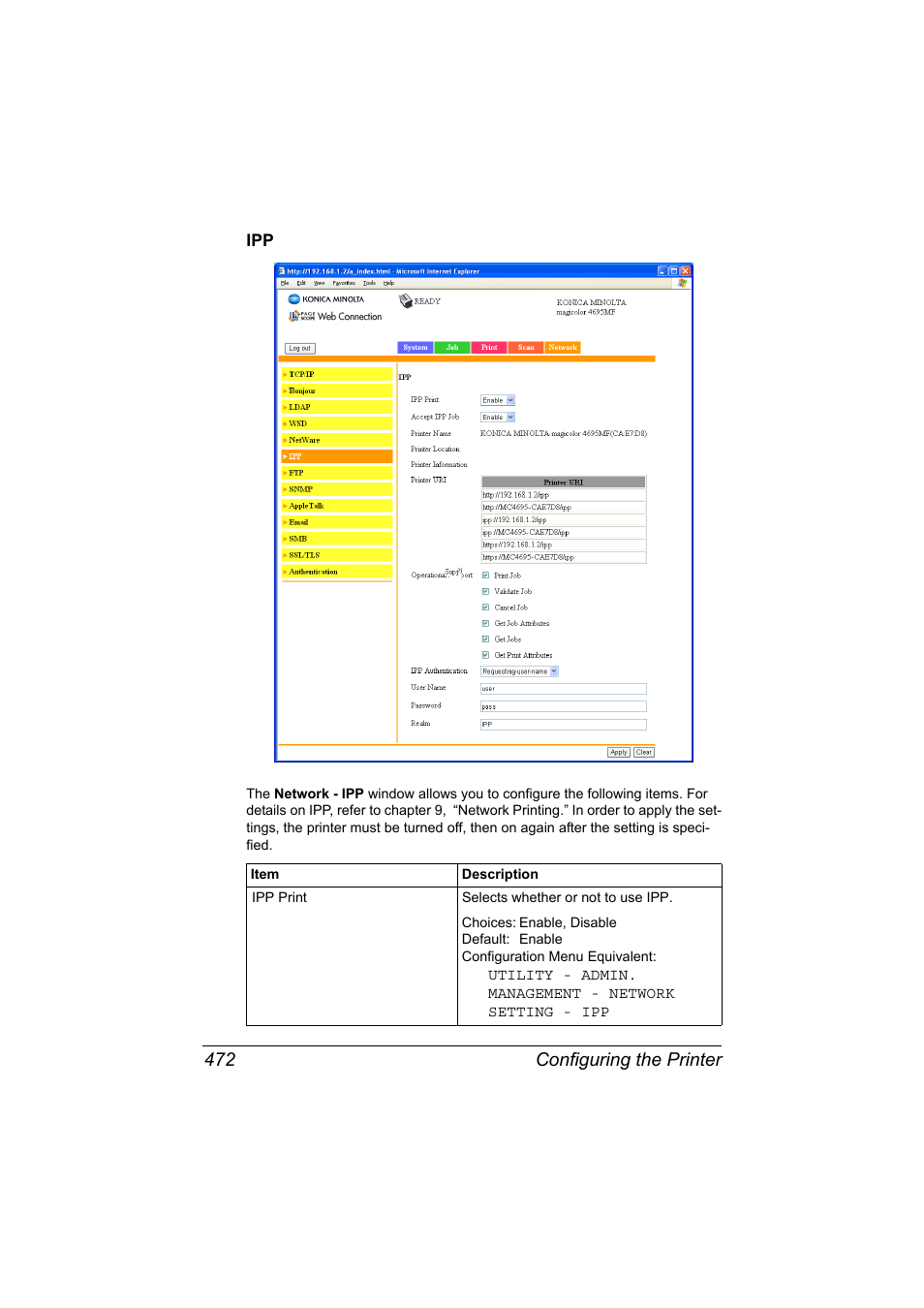 Ipp 472, Configuring the printer 472 | Konica Minolta MAGICOLOR 4695MF User Manual | Page 496 / 546