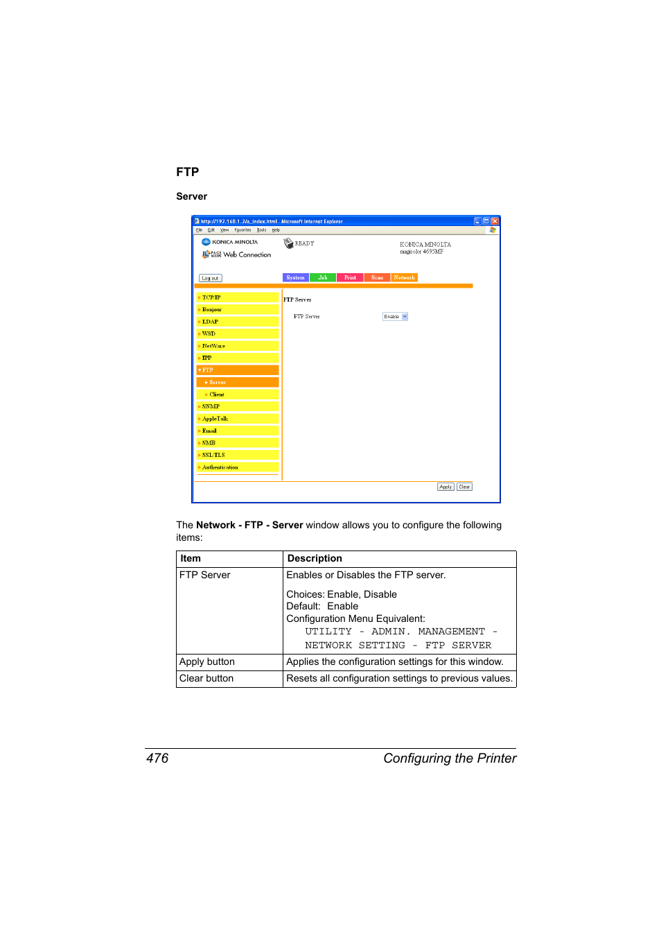 Ftp 476, Configuring the printer 476 | Konica Minolta MAGICOLOR 4695MF User Manual | Page 500 / 546