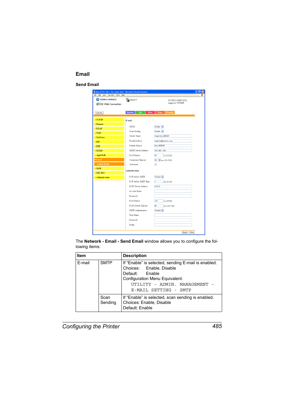 Email, Email 485, Configuring the printer 485 | Konica Minolta MAGICOLOR 4695MF User Manual | Page 509 / 546