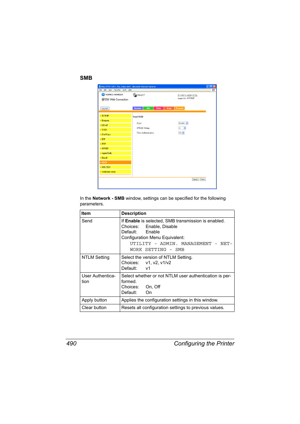 Smb 490, Configuring the printer 490 | Konica Minolta MAGICOLOR 4695MF User Manual | Page 514 / 546