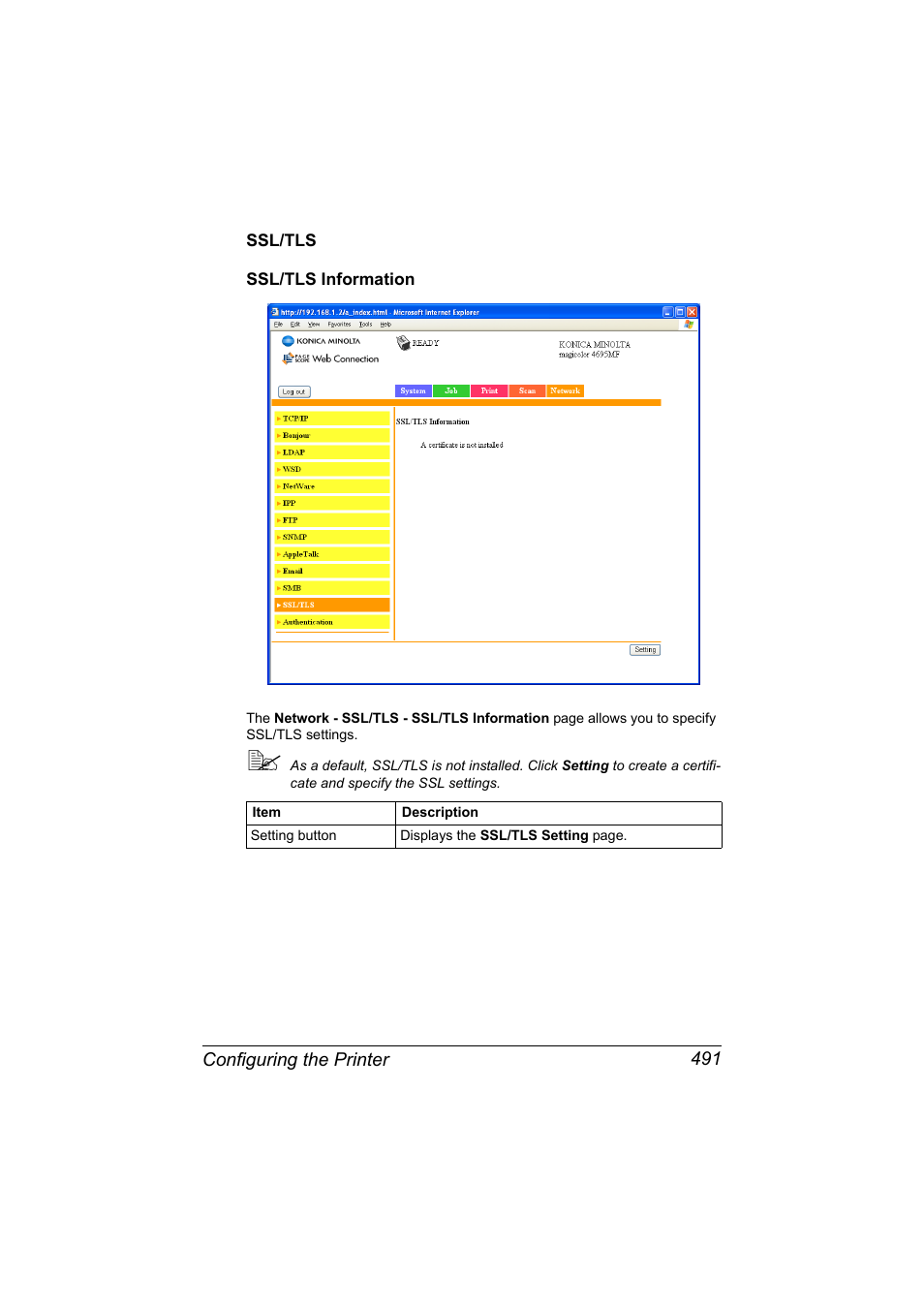 Ssl/tls, Ssl/tls information, Ssl/tls 491 ssl/tls information 491 | Konica Minolta MAGICOLOR 4695MF User Manual | Page 515 / 546
