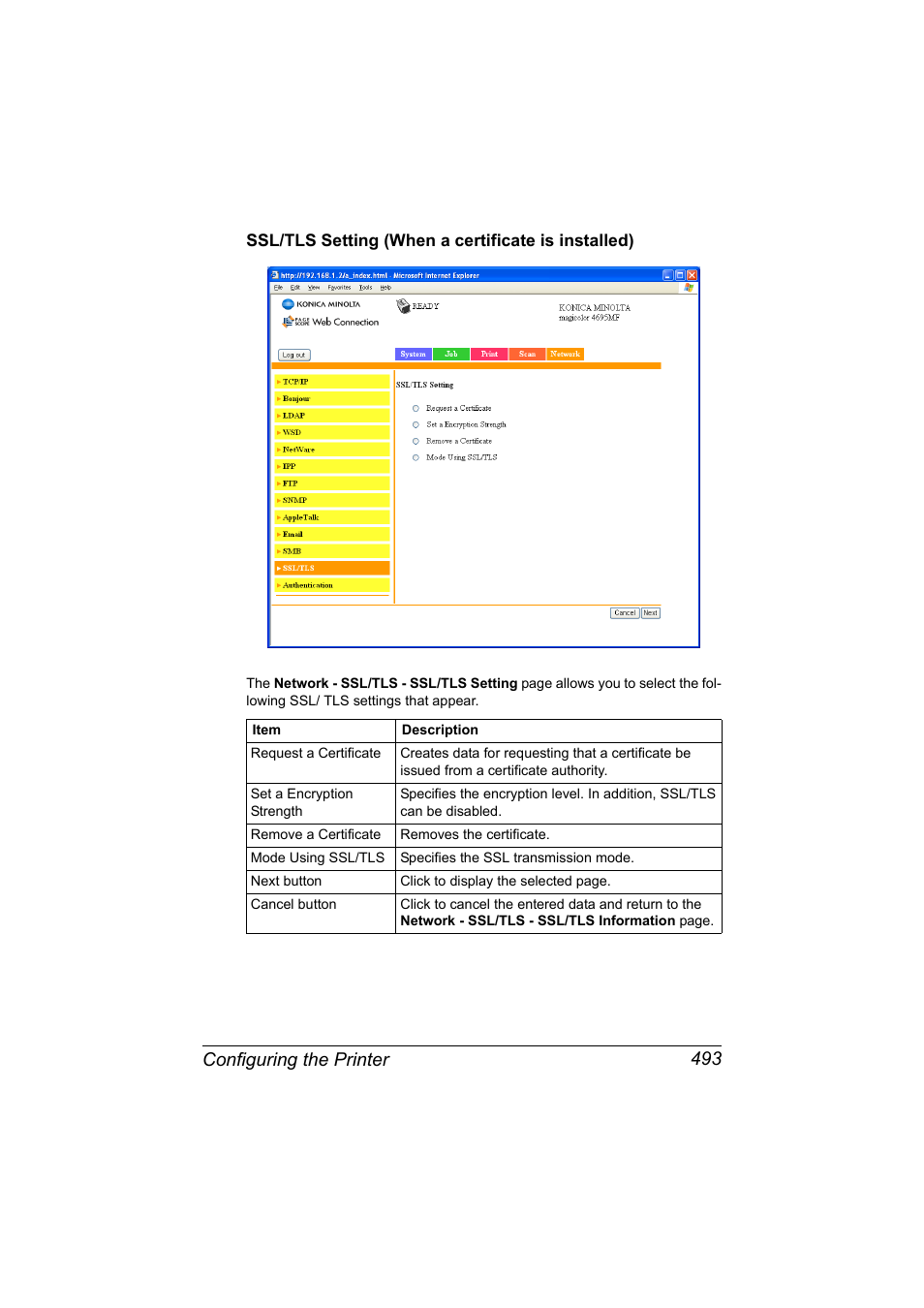 Ssl/tls setting (when a certificate is installed), Configuring the printer 493 | Konica Minolta MAGICOLOR 4695MF User Manual | Page 517 / 546