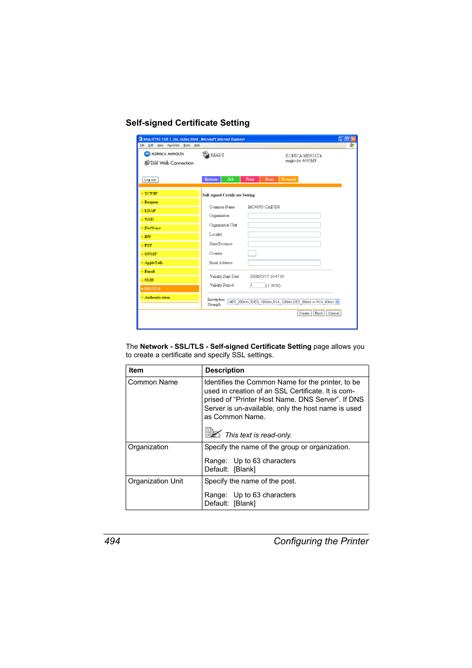 Self-signed certificate setting, Self-signed certificate setting 494 | Konica Minolta MAGICOLOR 4695MF User Manual | Page 518 / 546