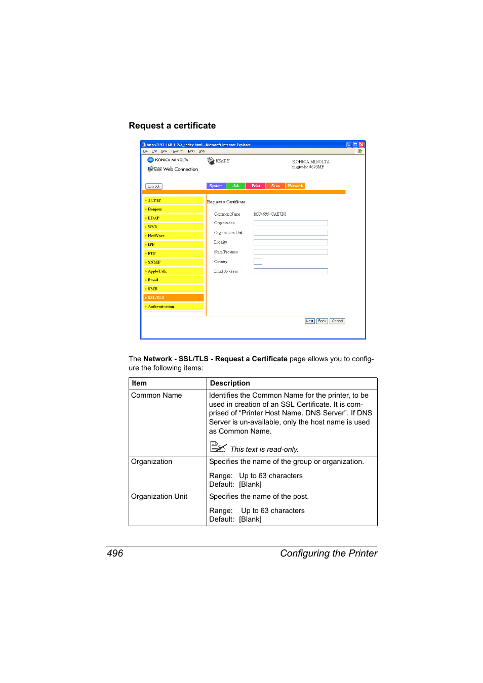 Request a certificate, Request a certificate 496 | Konica Minolta MAGICOLOR 4695MF User Manual | Page 520 / 546