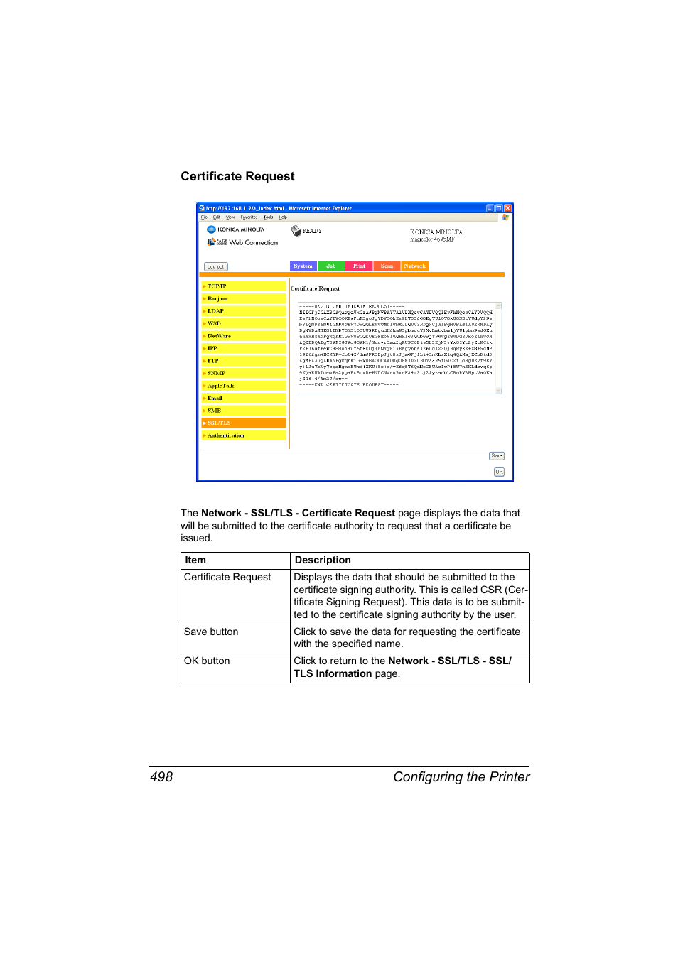 Certificate request, Certificate request 498, Configuring the printer 498 | Konica Minolta MAGICOLOR 4695MF User Manual | Page 522 / 546