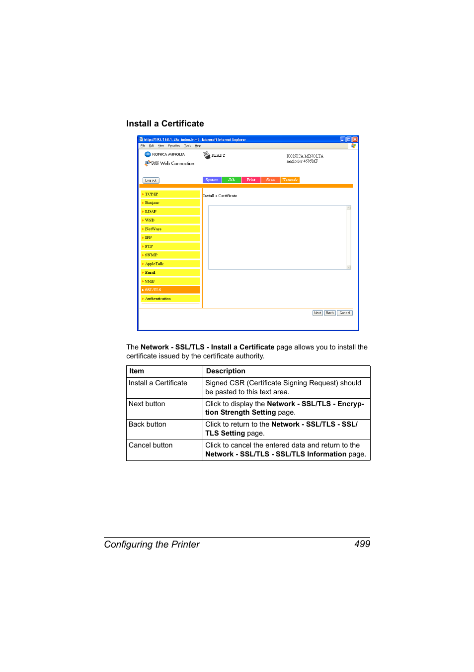 Install a certificate, Install a certificate 499, Configuring the printer 499 | Konica Minolta MAGICOLOR 4695MF User Manual | Page 523 / 546