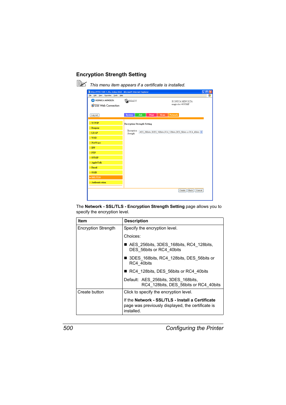 Encryption strength setting, Encryption strength setting 500, Configuring the printer 500 | Konica Minolta MAGICOLOR 4695MF User Manual | Page 524 / 546