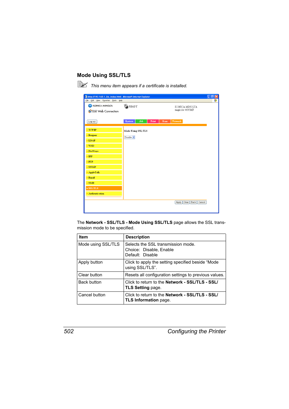 Mode using ssl/tls, Mode using ssl/tls 502, Configuring the printer 502 | Konica Minolta MAGICOLOR 4695MF User Manual | Page 526 / 546