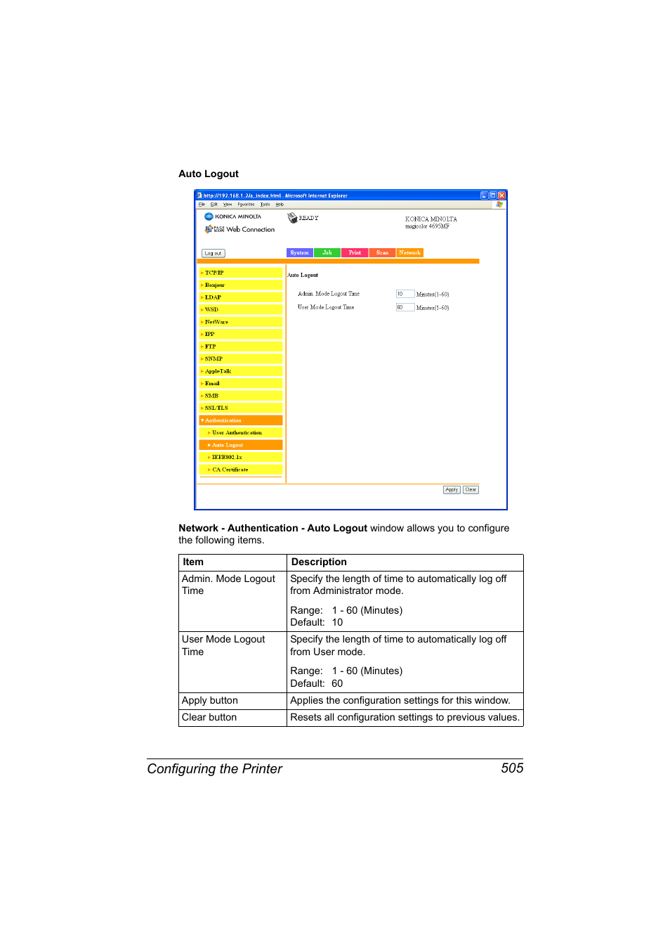 Configuring the printer 505 | Konica Minolta MAGICOLOR 4695MF User Manual | Page 529 / 546