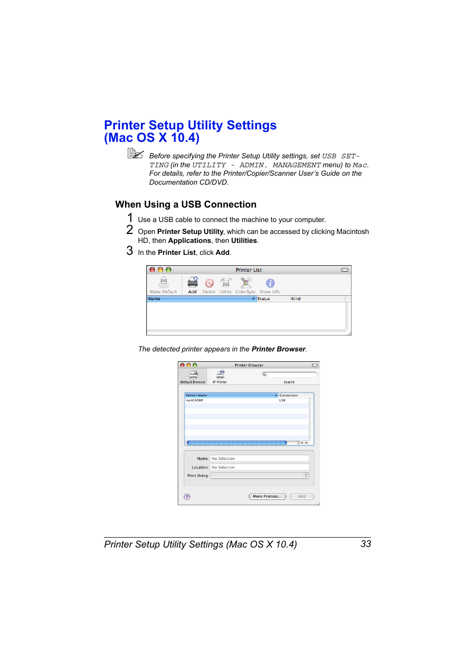 Printer setup utility settings (mac os x 10.4), When using a usb connection, Printer setup utility settings (mac os x 10.4) 33 | When using a usb connection 33 | Konica Minolta MAGICOLOR 4695MF User Manual | Page 57 / 546