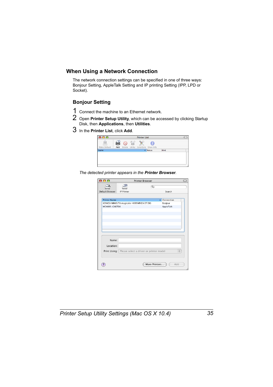 When using a network connection, Bonjour setting, When using a network connection 35 | Bonjour setting 35 | Konica Minolta MAGICOLOR 4695MF User Manual | Page 59 / 546