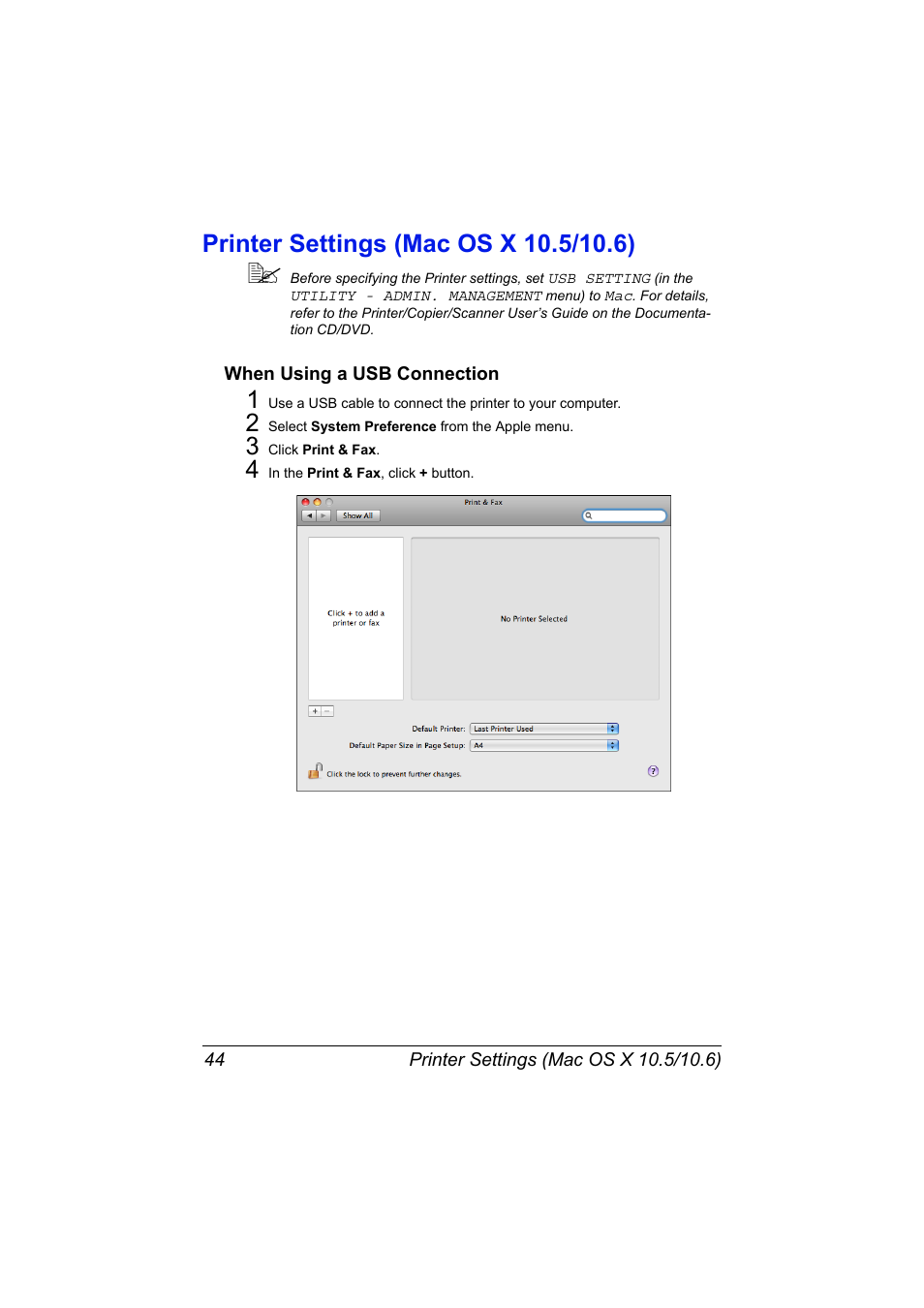 Printer settings (mac os x 10.5/10.6), When using a usb connection, Printer settings (mac os x 10.5/10.6) 44 | When using a usb connection 44 | Konica Minolta MAGICOLOR 4695MF User Manual | Page 68 / 546