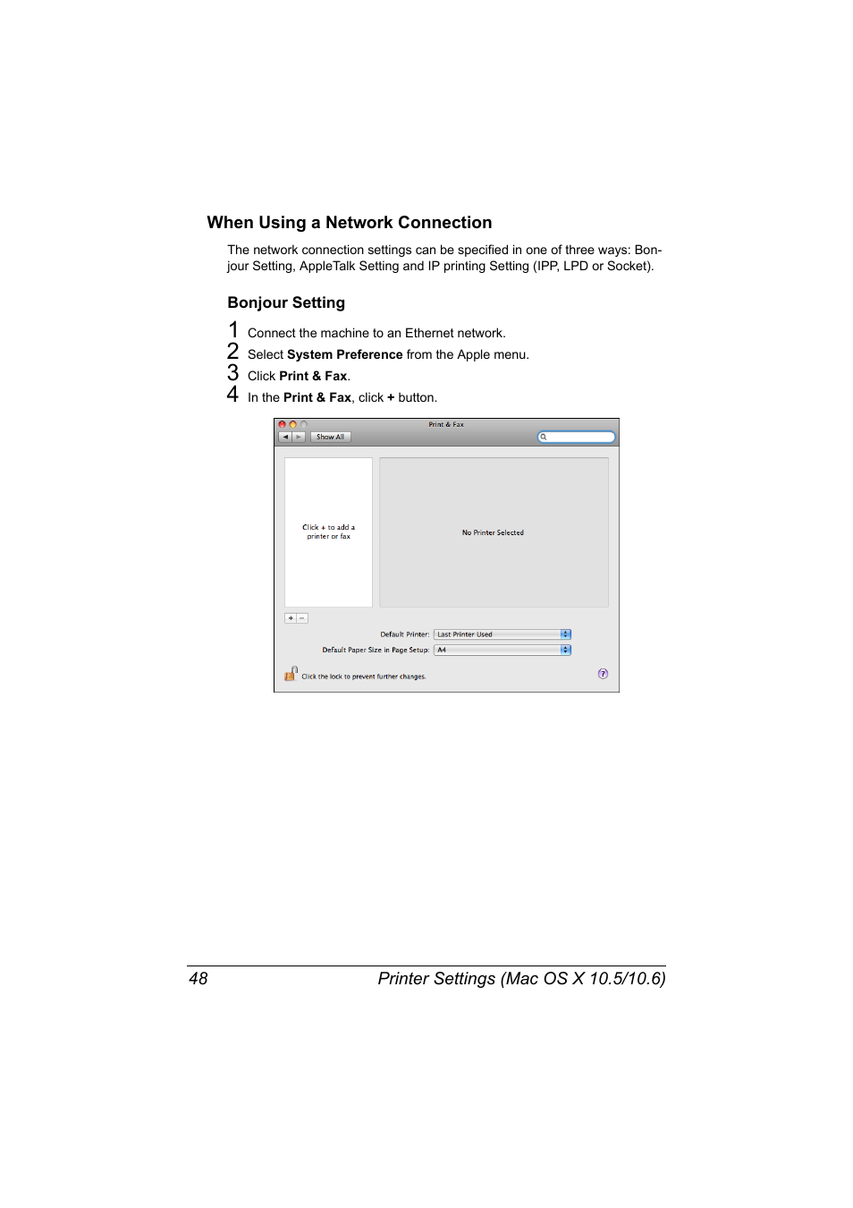 When using a network connection, Bonjour setting, When using a network connection 48 | Bonjour setting 48 | Konica Minolta MAGICOLOR 4695MF User Manual | Page 72 / 546