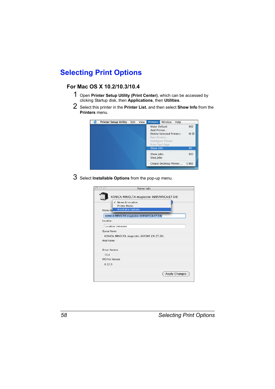 Selecting print options, For mac os x 10.2/10.3/10.4, Selecting print options 58 | For mac os x 10.2/10.3/10.4 58 | Konica Minolta MAGICOLOR 4695MF User Manual | Page 82 / 546