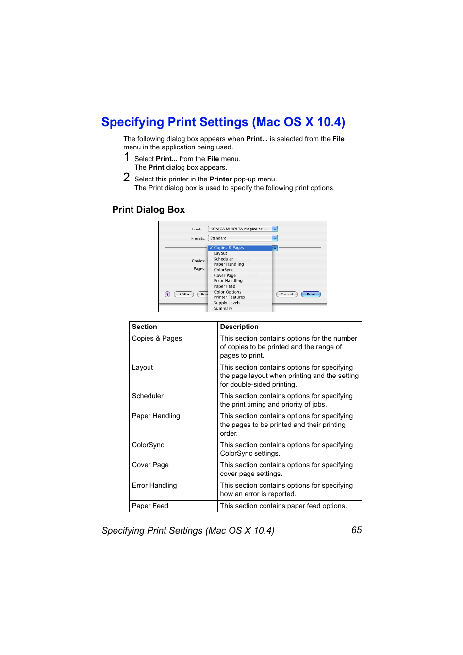 Specifying print settings (mac os x 10.4), Print dialog box, Specifying print settings (mac os x 10.4) 65 | Print dialog box 65 | Konica Minolta MAGICOLOR 4695MF User Manual | Page 89 / 546