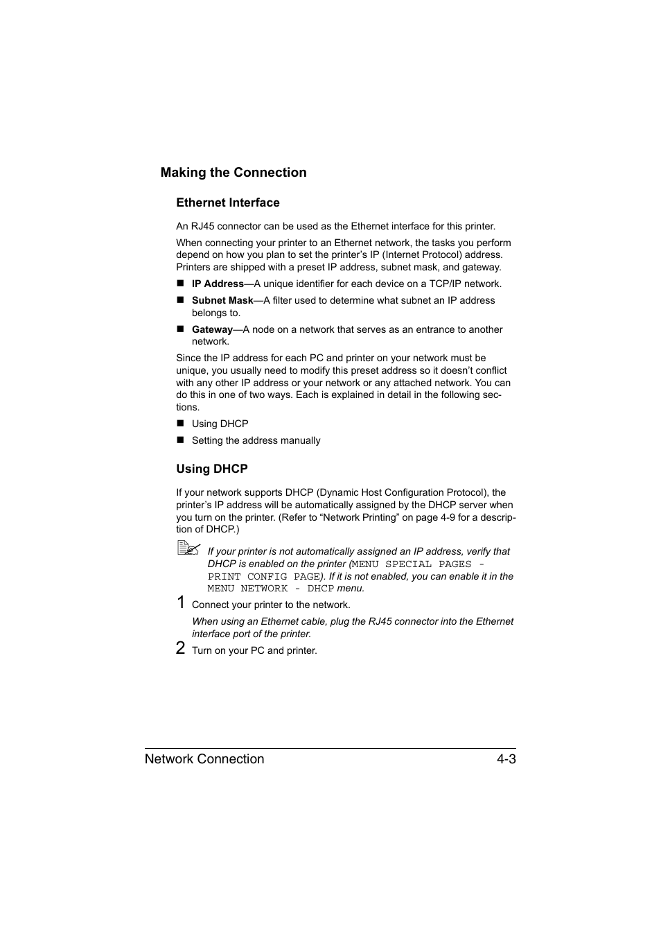 Making the connection, Ethernet interface, Using dhcp | Making the connection -3, Ethernet interface -3 using dhcp -3 | Konica Minolta magicolor 3730DN User Manual | Page 120 / 187