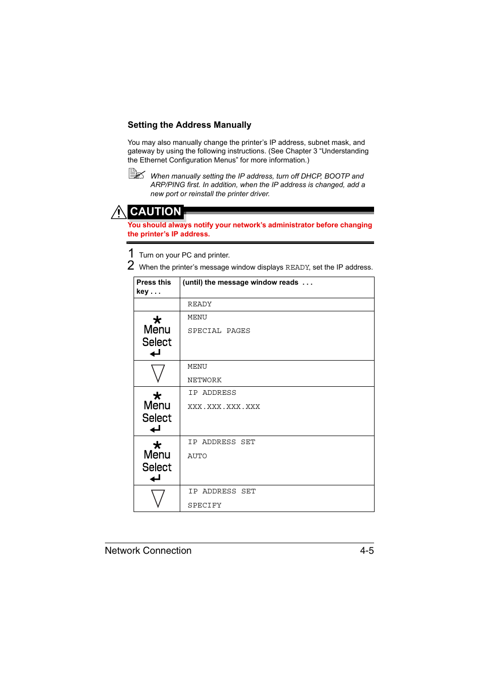 Setting the address manually, Setting the address manually -5, Caution | Konica Minolta magicolor 3730DN User Manual | Page 122 / 187