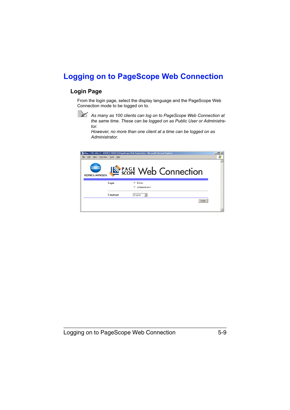Logging on to pagescope web connection | Konica Minolta magicolor 3730DN User Manual | Page 146 / 187