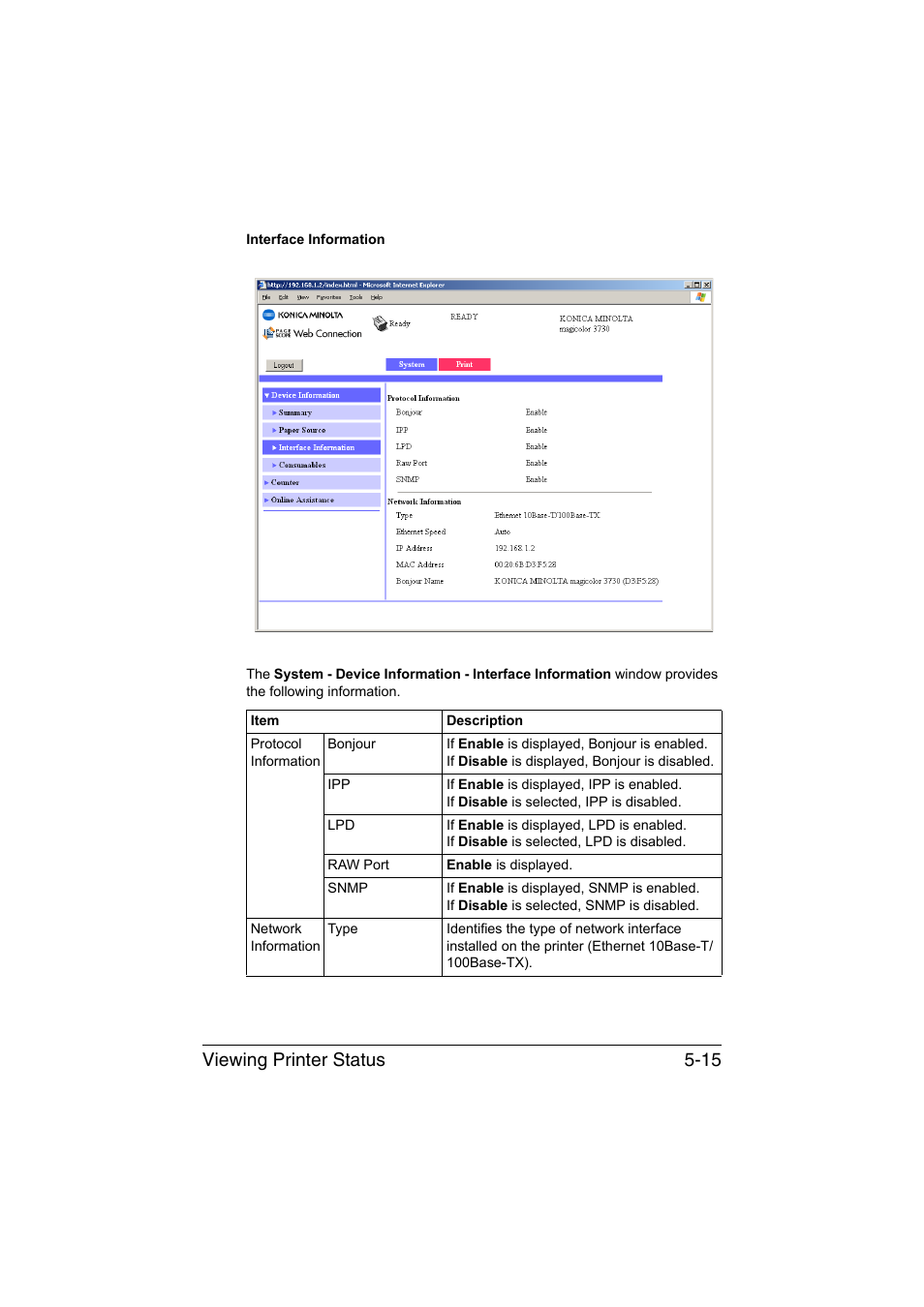 Viewing printer status 5-15 | Konica Minolta magicolor 3730DN User Manual | Page 152 / 187