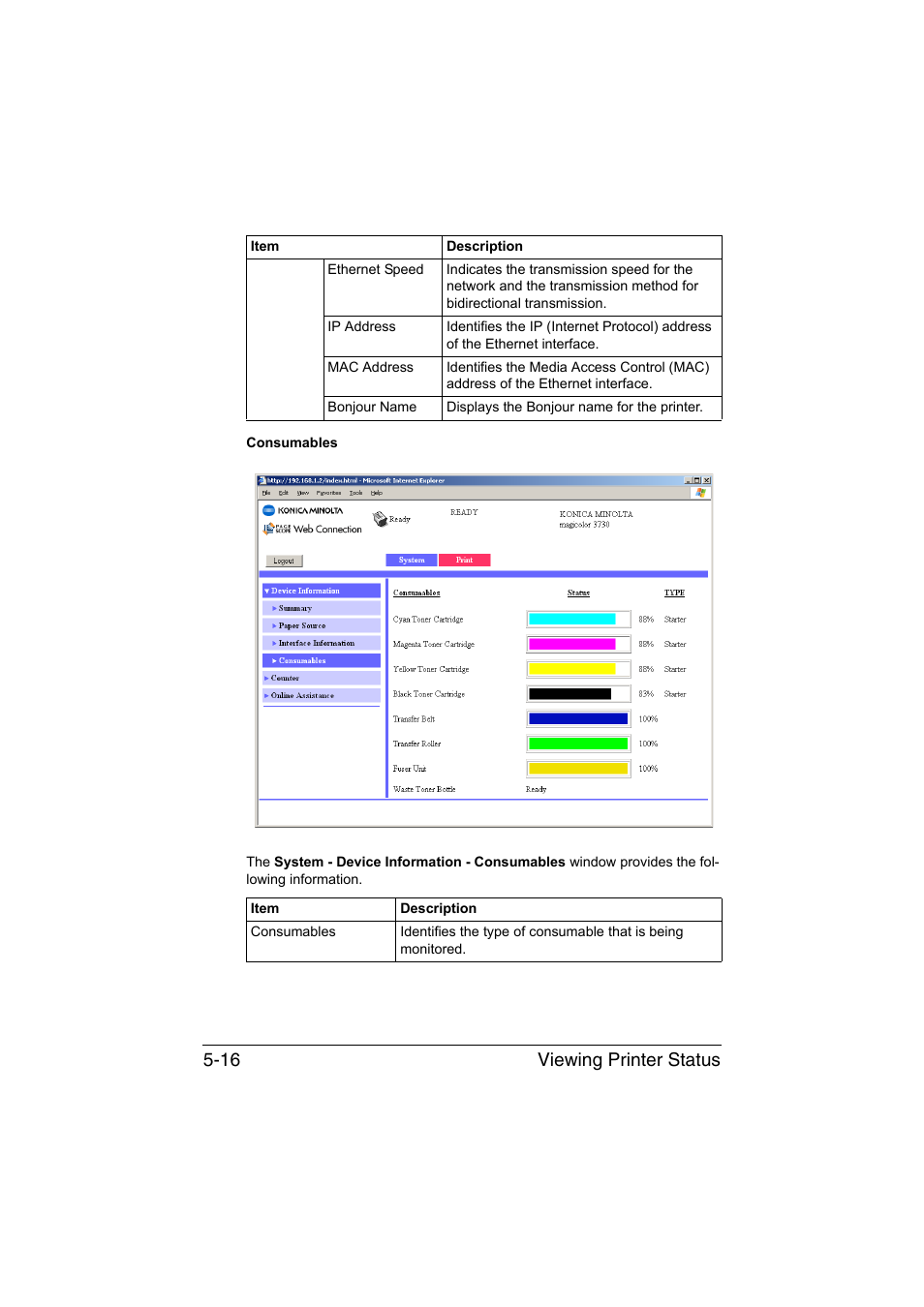 Viewing printer status 5-16 | Konica Minolta magicolor 3730DN User Manual | Page 153 / 187