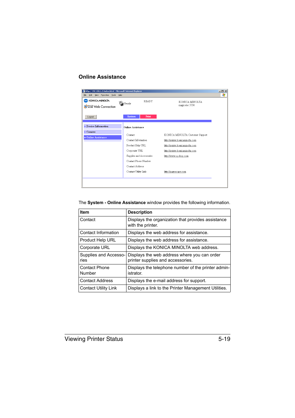 Online assistance, Online assistance -19, Viewing printer status 5-19 | Konica Minolta magicolor 3730DN User Manual | Page 156 / 187