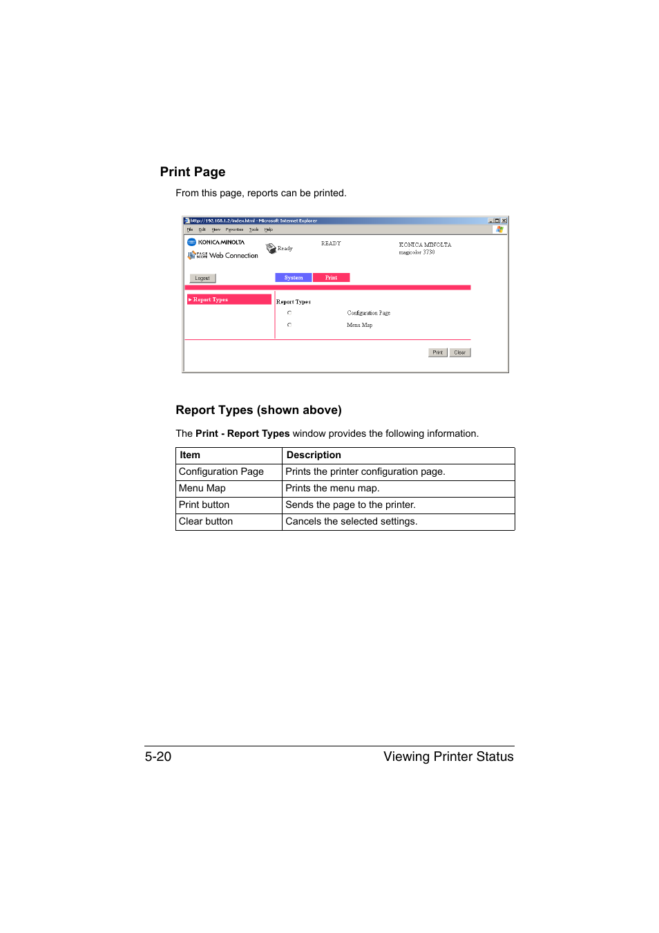 Report types (shown above), Report types (shown above) -20, Viewing printer status 5-20 print page | Konica Minolta magicolor 3730DN User Manual | Page 157 / 187