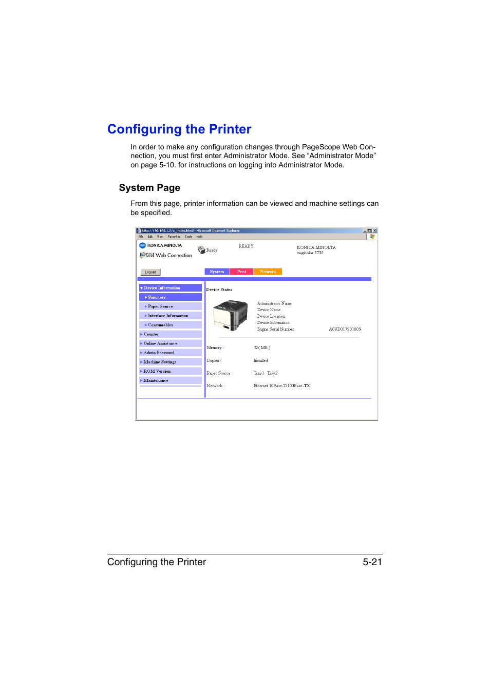 Configuring the printer, Configuring the printer -21 | Konica Minolta magicolor 3730DN User Manual | Page 158 / 187