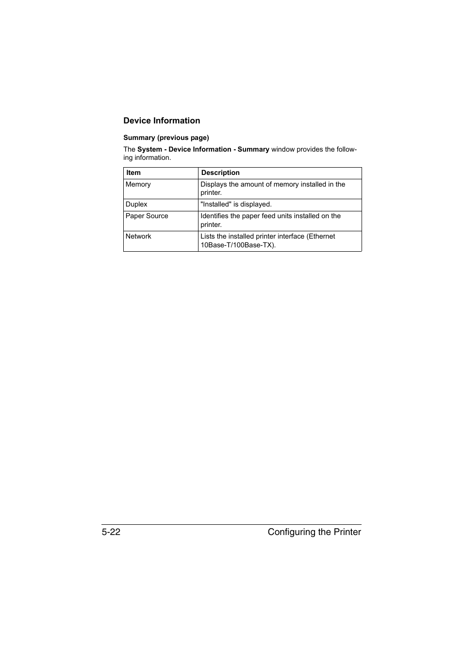 Device information, Device information -22, Configuring the printer 5-22 | Konica Minolta magicolor 3730DN User Manual | Page 159 / 187