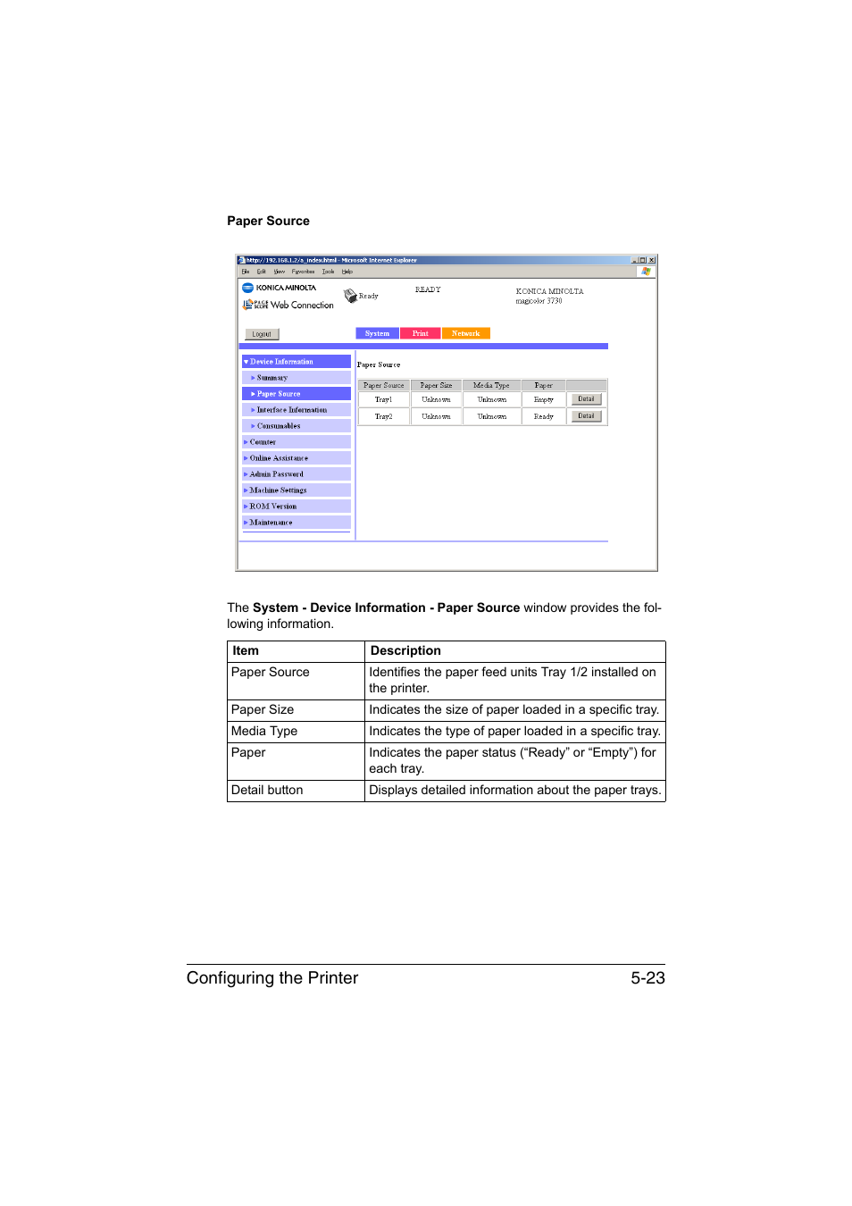 Configuring the printer 5-23 | Konica Minolta magicolor 3730DN User Manual | Page 160 / 187