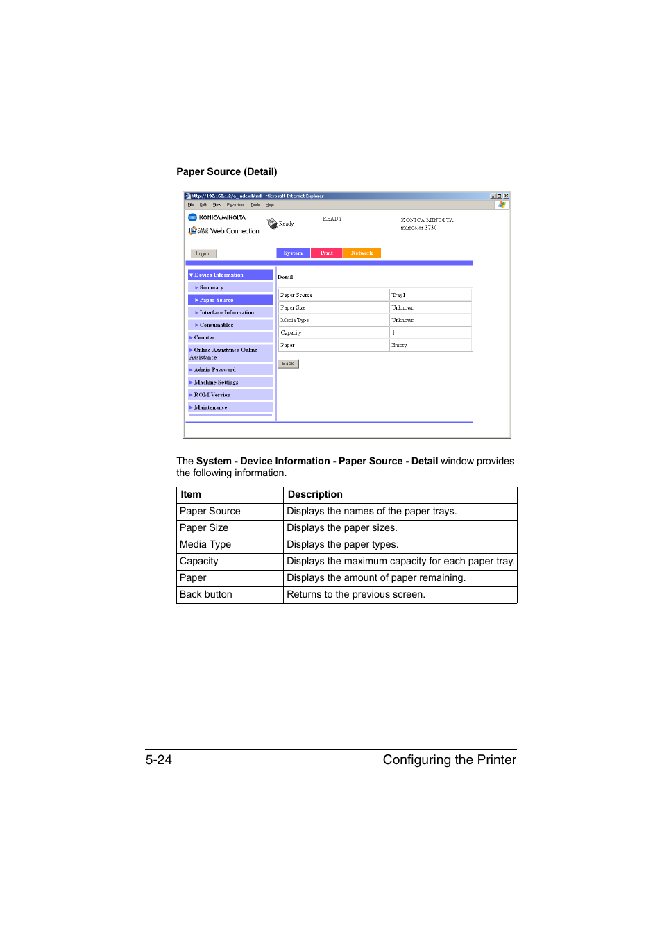 Configuring the printer 5-24 | Konica Minolta magicolor 3730DN User Manual | Page 161 / 187