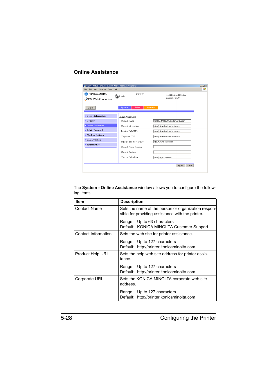 Online assistance, Online assistance -28, Configuring the printer 5-28 | Konica Minolta magicolor 3730DN User Manual | Page 165 / 187